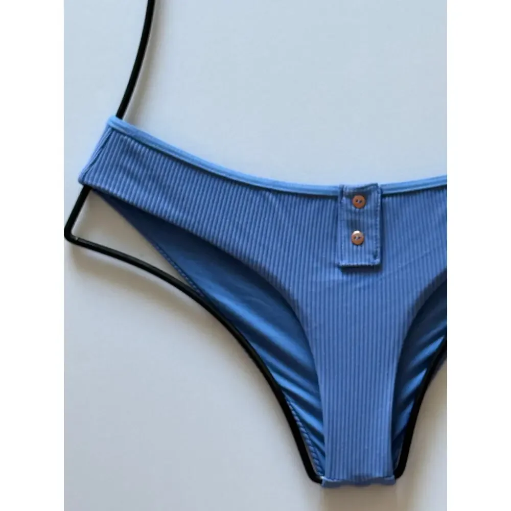 Frankies Bikinis Alana Ribbed Button Bikini Bottom - Marine Blue - M - NWT